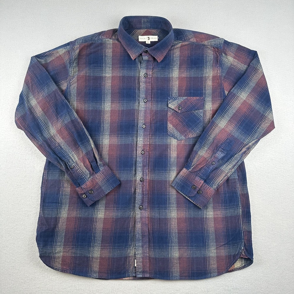 Duck Head Corduroy Button Up Long Sleeve Shirt Mens Size XL Navy Blue/Red Plaid